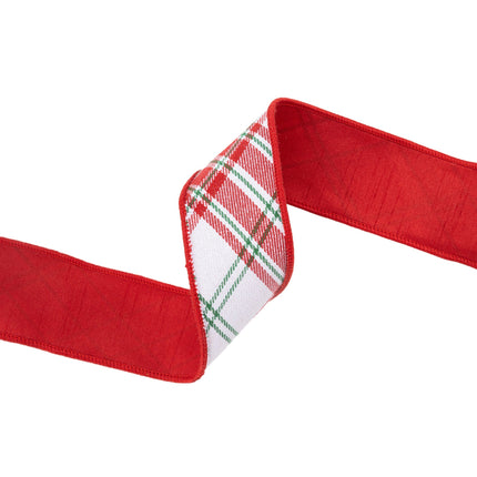 2 1/2" Wired Ribbon | Varsity Plaid White/Red w/ Red Dupioni-fused Backing | 10 Yard Roll LaRibbons Wholesale