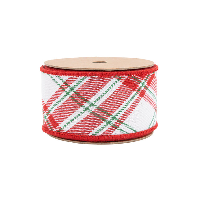 2 1/2" Wired Ribbon | Varsity Plaid White/Red w/ Red Dupioni-fused Backing | 10 Yard Roll LaRibbons Wholesale