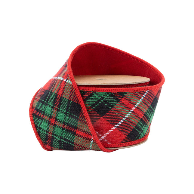 2 1/2" Wired Ribbon | Varsity Plaid Red/Green w/ Red Dupioni-fused Backing | 10 Yard Roll LaRibbons Wholesale