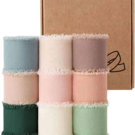 1" Chiffon Ribbon Bundle (9-pack) in a soft multicolor palette, ideal for crafting elegant wedding decor, gift wrapping