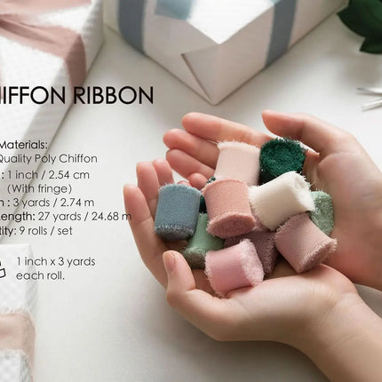 Set of 9 1" chiffon ribbons with frayed edges, featuring muted tones like sage, blush, and dusty blue