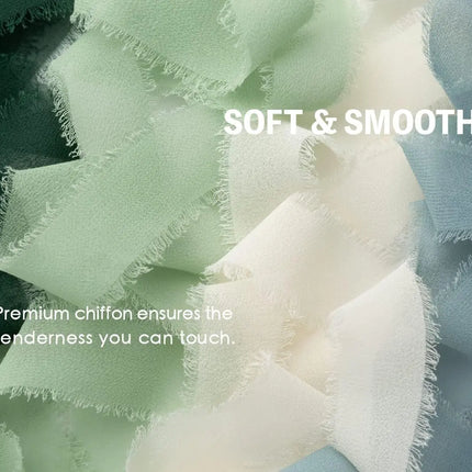 Soft, smooth premium chiffon ribbons in muted green, cream, and blue hues, highlighting a gentle, touchable texture.