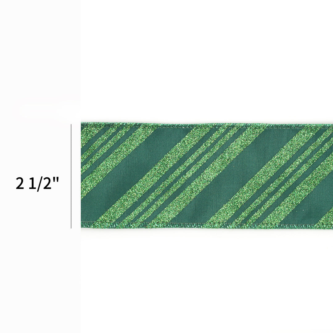 2 1/2" Wired Ribbon | Emerald Glitter Candy Stripe | 10 Yard Roll