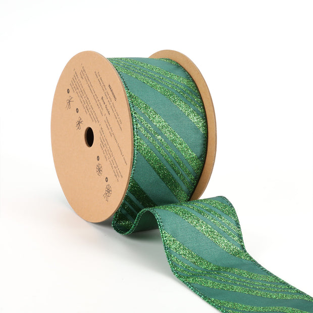 2 1/2" Wired Ribbon | Emerald Glitter Candy Stripe | 10 Yard Roll