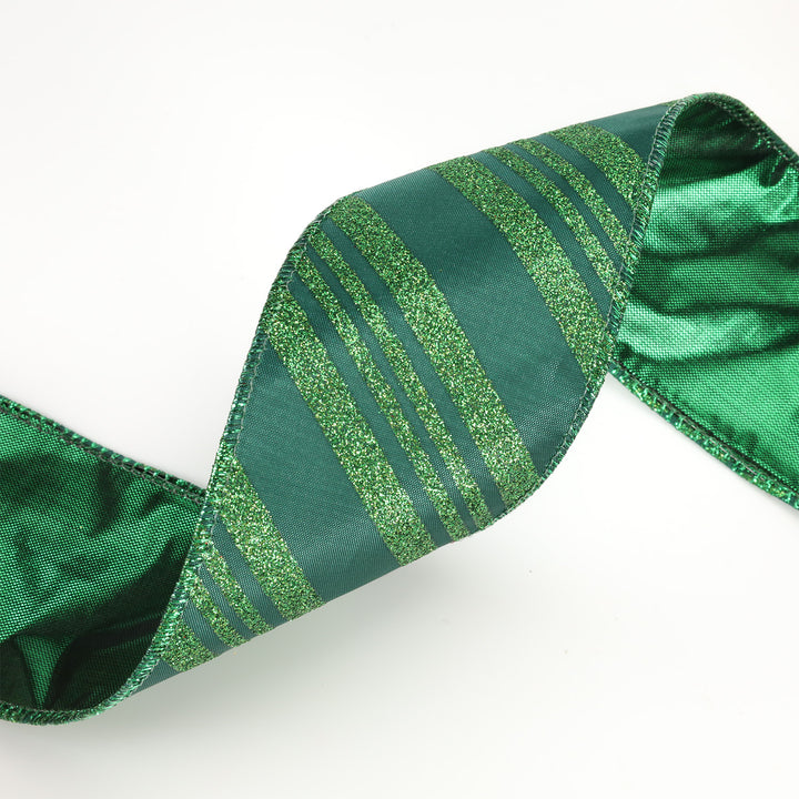 2 1/2" Wired Ribbon | Emerald Glitter Candy Stripe | 10 Yard Roll