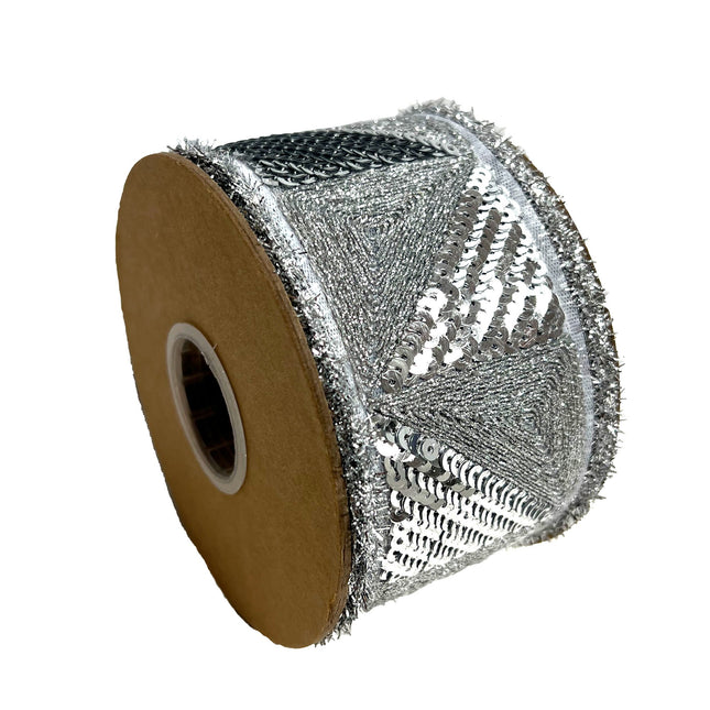 2 1/2" Wired Ribbon | Silver Sequin Trim w/ Dupioni Backing | 5 Yard Roll LaRibbons and Crafts