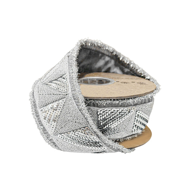 2 1/2" Wired Ribbon | Silver Sequin Trim w/ Dupioni Backing | 5 Yard Roll