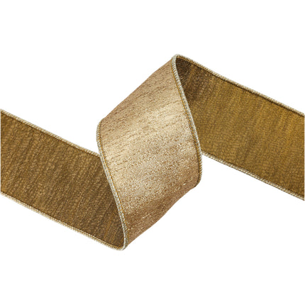 Gold wired ribbon, both sides shown, textured fabric, fine stitched edges, rich detail.
