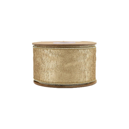Front View Golden Ribbon Spool, Dense Textured Metallic Surface & Neat Edge Stitching