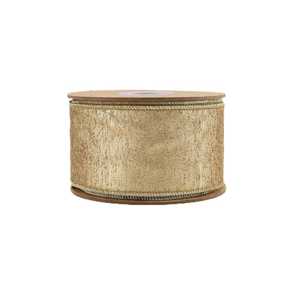 2 1/2" Wired Ribbon Spool – Metallic gold, textured weave, polished finish.