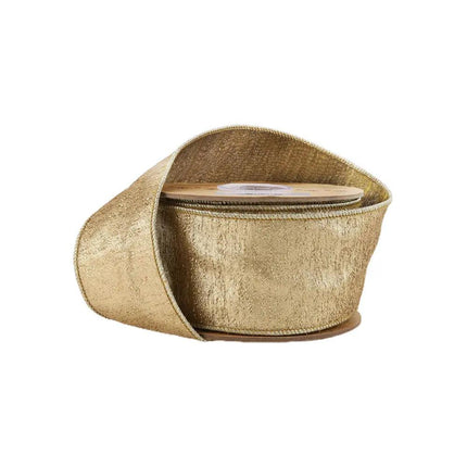 A roll of 2 1/2" wired ribbon, textured gold metallic with tissue backing, offering a luxurious shimmer for festive decor and crafting.