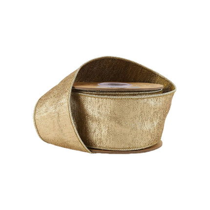 2 1/2" Wired Ribbon Roll – Metallic gold, textured weave, wired edge.