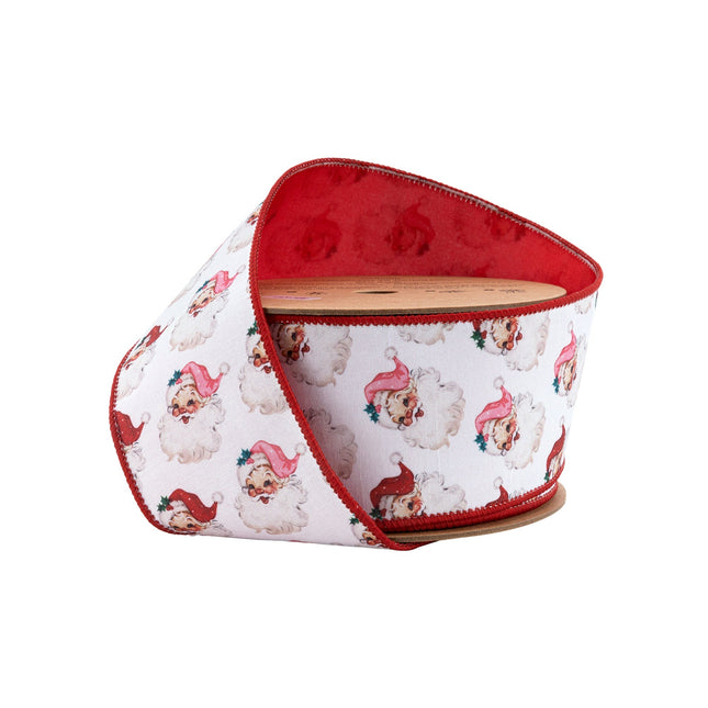 2 1/2" Wired Reversible Dupioni | Santa Face w/ Pink and Red Backing | 10 Yard Roll LA Ribbons Wholesale