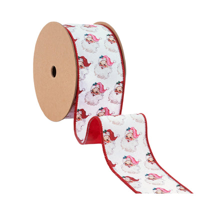 2 1/2" Wired Reversible Dupioni | Santa Face w/ Pink and Red Backing | 10 Yard Roll LA Ribbons Wholesale