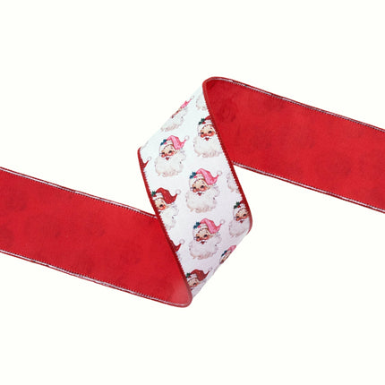 2 1/2" Wired Reversible Dupioni | Santa Face w/ Pink and Red Backing | 10 Yard Roll LA Ribbons Wholesale