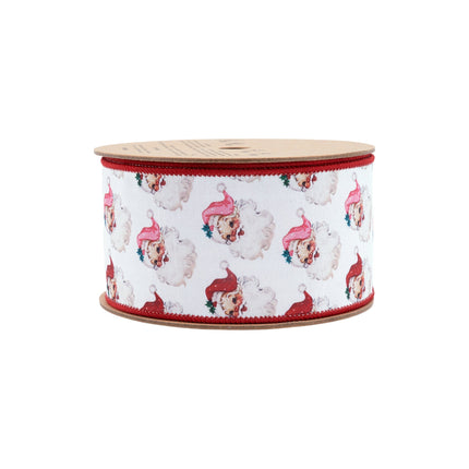 2 1/2" Wired Reversible Dupioni | Santa Face w/ Pink and Red Backing | 10 Yard Roll LA Ribbons Wholesale