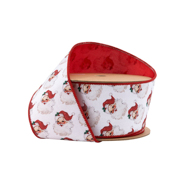 2 1/2" Wired Reversible Dupioni | Santa Face w/ Red and Red Backing | 10 Yard Roll LA Ribbons Wholesale