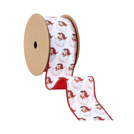2 1/2" Wired Reversible Dupioni | Santa Face w/ Red and Red Backing | 10 Yard Roll LA Ribbons Wholesale