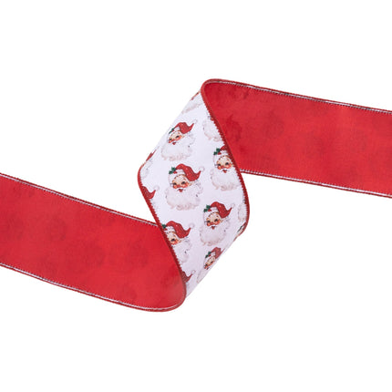 2 1/2" Wired Reversible Dupioni | Santa Face w/ Red and Red Backing | 10 Yard Roll LA Ribbons Wholesale