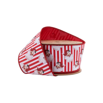 2 1/2" Wired Reversible Dupioni | Santa Face Red and White Stripe | 10 Yard Roll LA Ribbons Wholesale