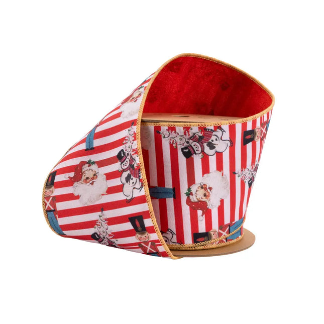 4" Wired Reversible Dupioni | Vintage Toys on Red/White Stripe and Red Backing | 10 Yard Roll LA Ribbons Wholesale
