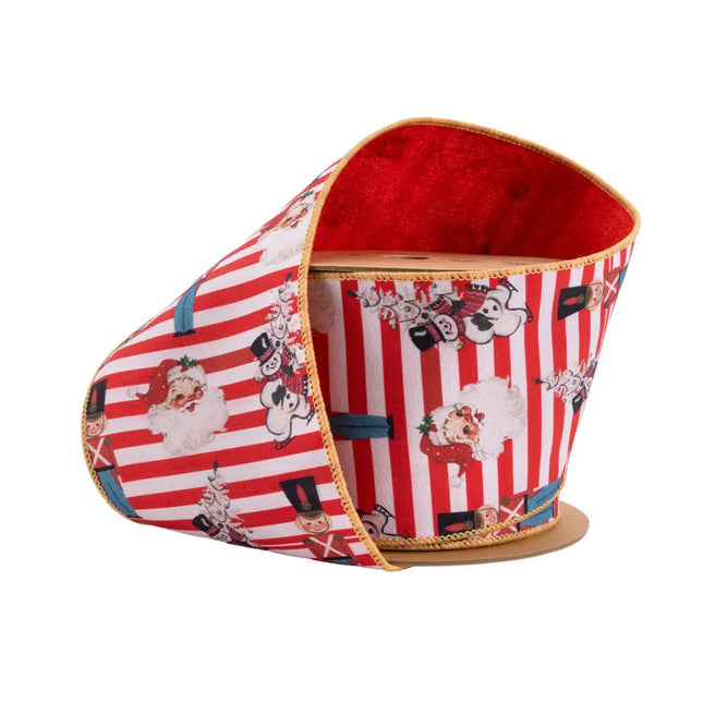 4" Wired Reversible Dupioni | Vintage Toys on Red/White Stripe and Red Backing | 10 Yard Roll LA Ribbons Wholesale