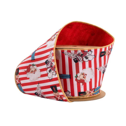 4" Wired Reversible Dupioni | Vintage Toys on Red/White Stripe and Red Backing | 10 Yard Roll LA Ribbons Wholesale