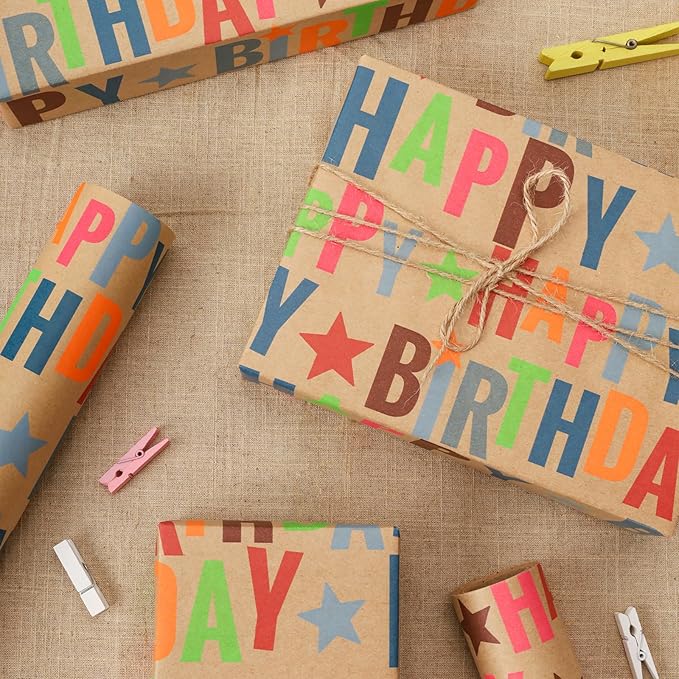 17" X 33' Kraft Wrapping Paper | Happy Birthday Text