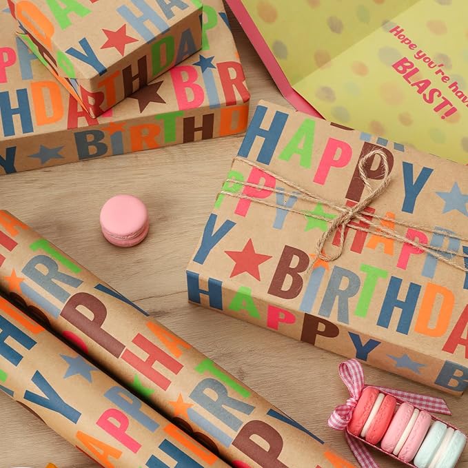 17" X 33' Kraft Wrapping Paper | Happy Birthday Text
