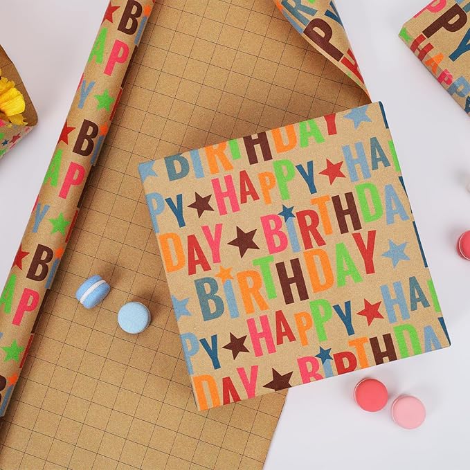 17" X 33' Kraft Wrapping Paper | Happy Birthday Text