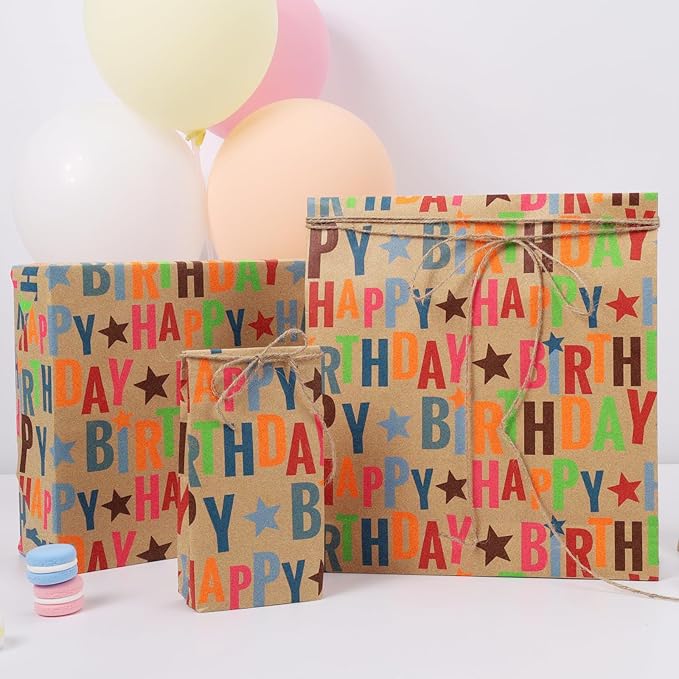 17" X 33' Kraft Wrapping Paper | Happy Birthday Text