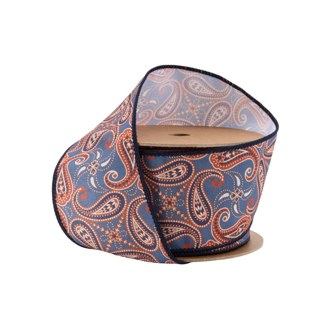 2 1/2" Wired Dupioni | Blue/Orange Paisley | 10 Yard Roll LA Ribbons Wholesale