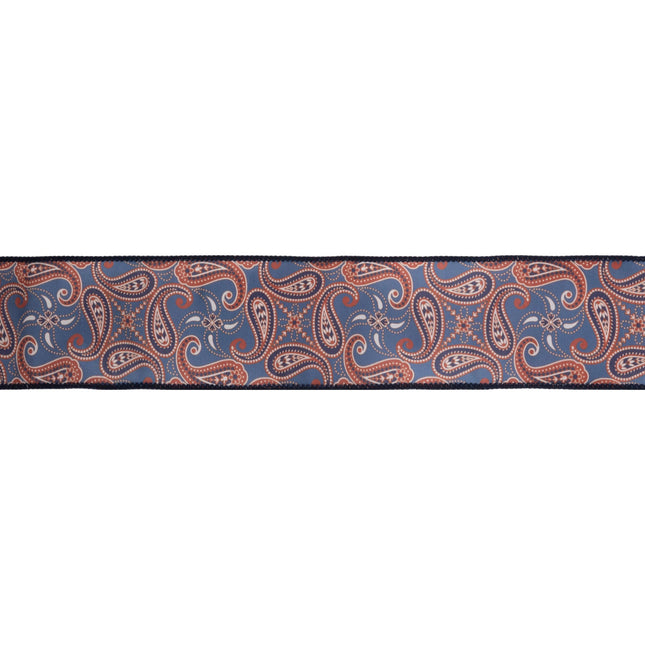 2 1/2" Wired Dupioni | Blue/Orange Paisley | 10 Yard Roll LA Ribbons Wholesale