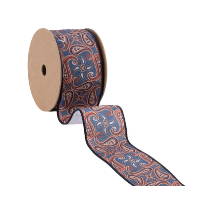 2 1/2" Wired Dupioni | Blue/Orange Paisley | 10 Yard Roll LA Ribbons Wholesale