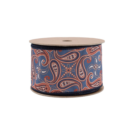 2 1/2" Wired Dupioni | Blue/Orange Paisley | 10 Yard Roll LA Ribbons Wholesale