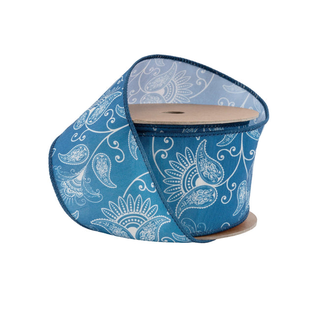 2 1/2" Wired Dupioni | White and Blue Floral | 10 Yard Roll LA Ribbons Wholesale