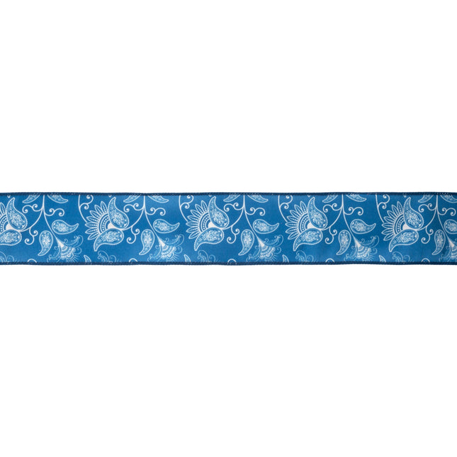 2 1/2" Wired Dupioni | White and Blue Floral | 10 Yard Roll LA Ribbons Wholesale