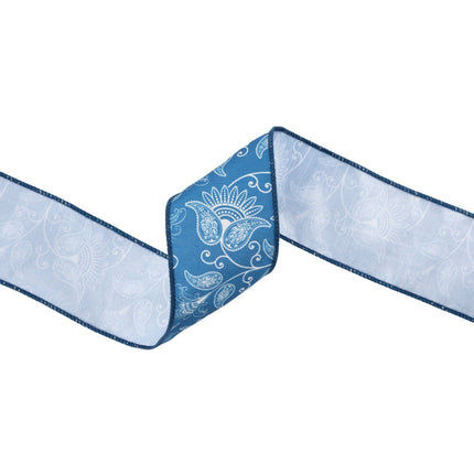 2 1/2" Wired Dupioni | White and Blue Floral | 10 Yard Roll LA Ribbons Wholesale