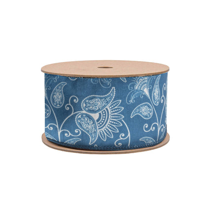2 1/2" Wired Dupioni | White and Blue Floral | 10 Yard Roll LA Ribbons Wholesale