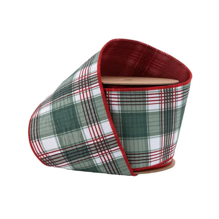 4" Wired Reversible Dupioni | Red/Green Plaid with Red Backing | 10 Yard Roll LA Ribbons Wholesale