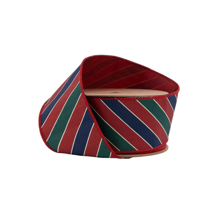 2 1/2" Wired Ribbon | Green and Blue Diagonal Stripes on Red | 10 Yard Roll LA Ribbons Wholesale