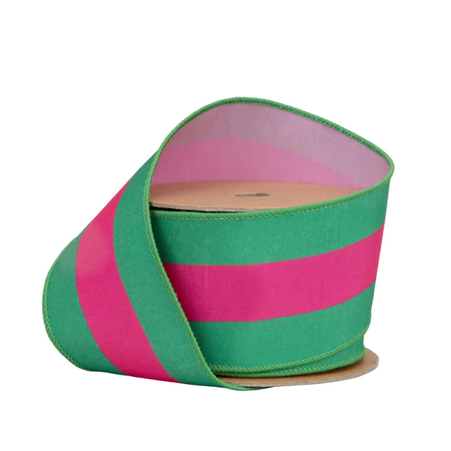 2 1/2" Wired Dupioni Ribbon | Hot Pink and Green Stripe with Pink Backing | 10 Yard Roll LaRibbons and Crafts