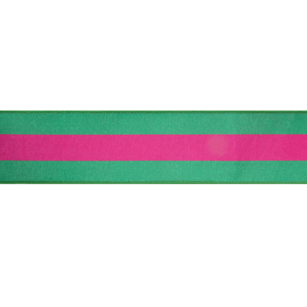 2 1/2" Wired Dupioni Ribbon | Hot Pink and Green Stripe with Pink Backing | 10 Yard Roll LaRibbons and Crafts