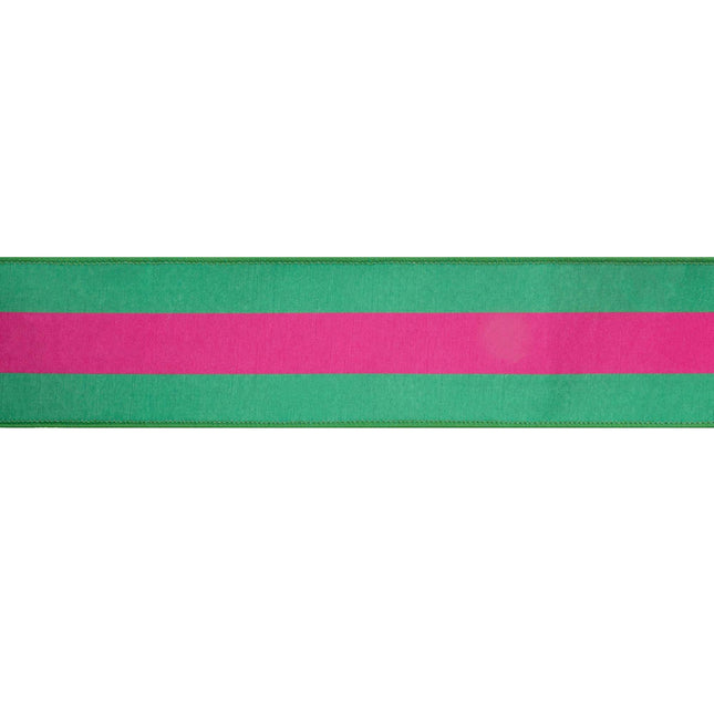 2 1/2" Wired Dupioni Ribbon | Hot Pink and Green Stripe with Pink Backing | 10 Yard Roll LaRibbons and Crafts