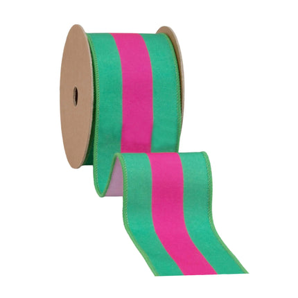 2 1/2" Wired Dupioni Ribbon | Hot Pink and Green Stripe with Pink Backing | 10 Yard Roll LaRibbons and Crafts