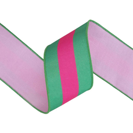 2 1/2" Wired Dupioni Ribbon | Hot Pink and Green Stripe with Pink Backing | 10 Yard Roll LaRibbons and Crafts