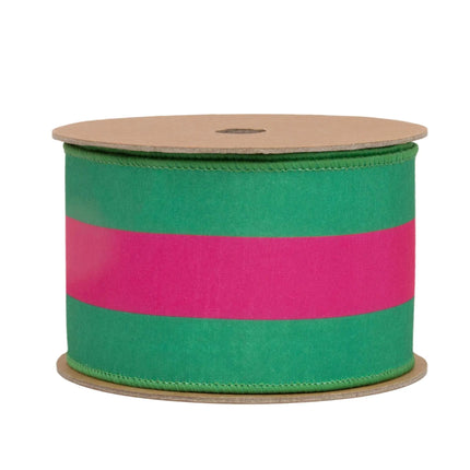 2 1/2" Wired Dupioni Ribbon | Hot Pink and Green Stripe with Pink Backing | 10 Yard Roll LaRibbons and Crafts