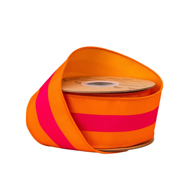 2 1/2" Wired Dupioni Ribbon, Pink on Orange Center Stripe, Orange Backing,perfect for gift wrapping.