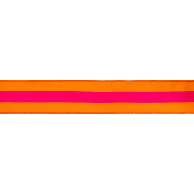 Vibrant Pink & Orange Stripe 2 1/2" wired dupioni ribbon with a solid orange backing, ideal for autumn wreath accents.