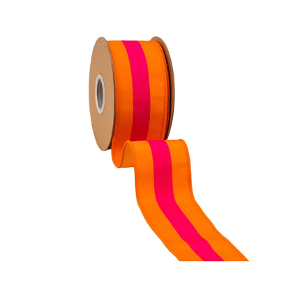 Versatile 2 1/2" Wired Dupioni Ribbon, Pink on Orange Center Stripe, Orange Backing, designed for festive styling.